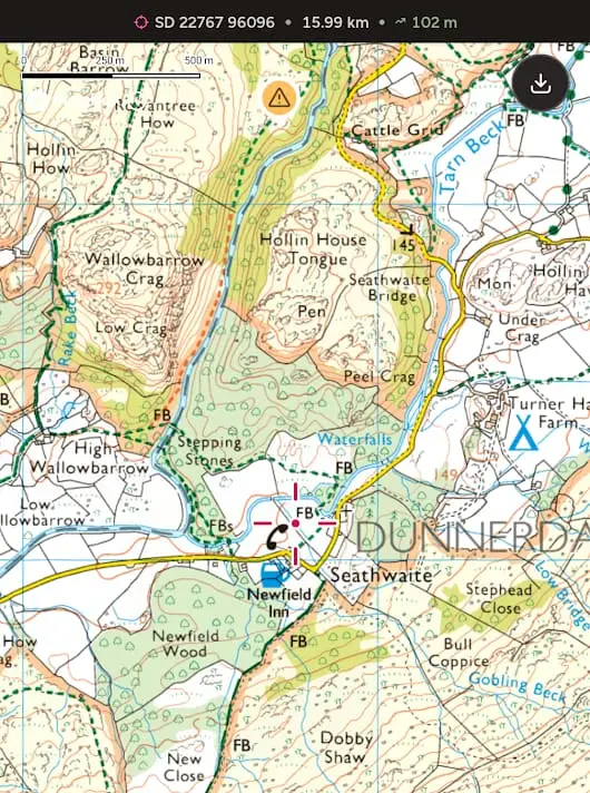 Screenshot of the OS Maps app with the map centred on Seathwaite in the Duddon Valley and the grid reference SD 22767 96096 shown at the top